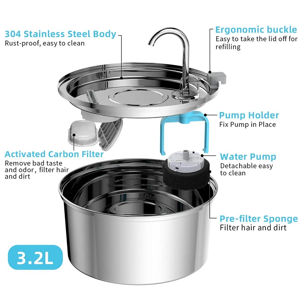 FullBrea Stainless Steel Automatic Pet Water Fountain